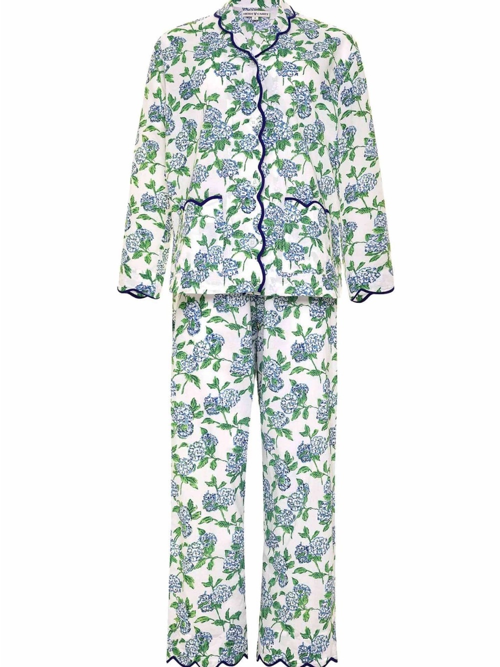 Floral Scallop-Trim Pajama Set in White with Green & Blue Floral